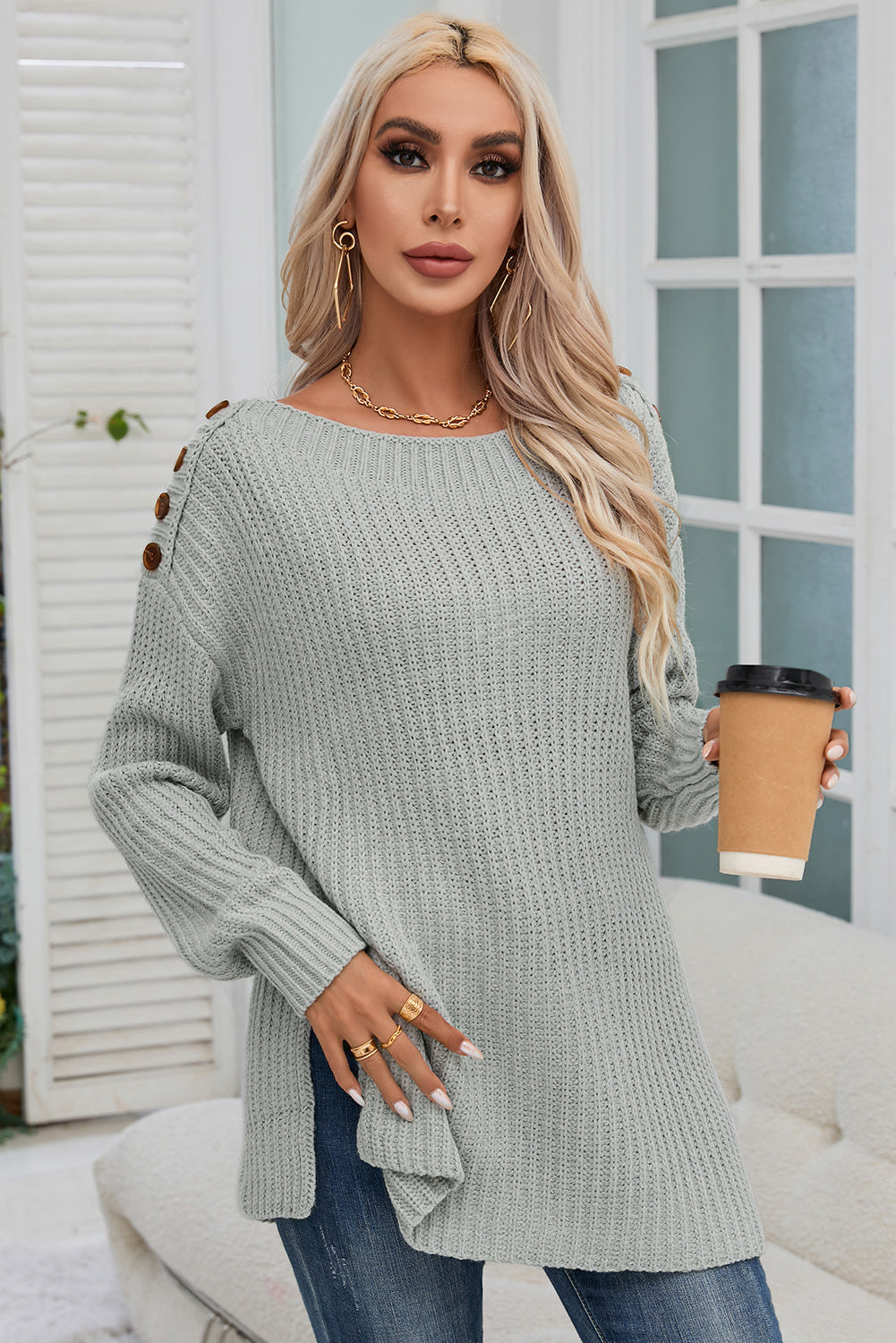 Grauer Oversize-Pullover Mit Überschnittenen Schultern Für Frauen