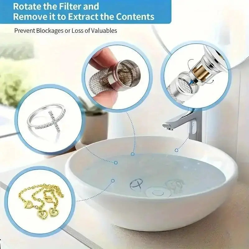 Abflussfilter Haarfänger installation steps showing jewelry and hair removal process