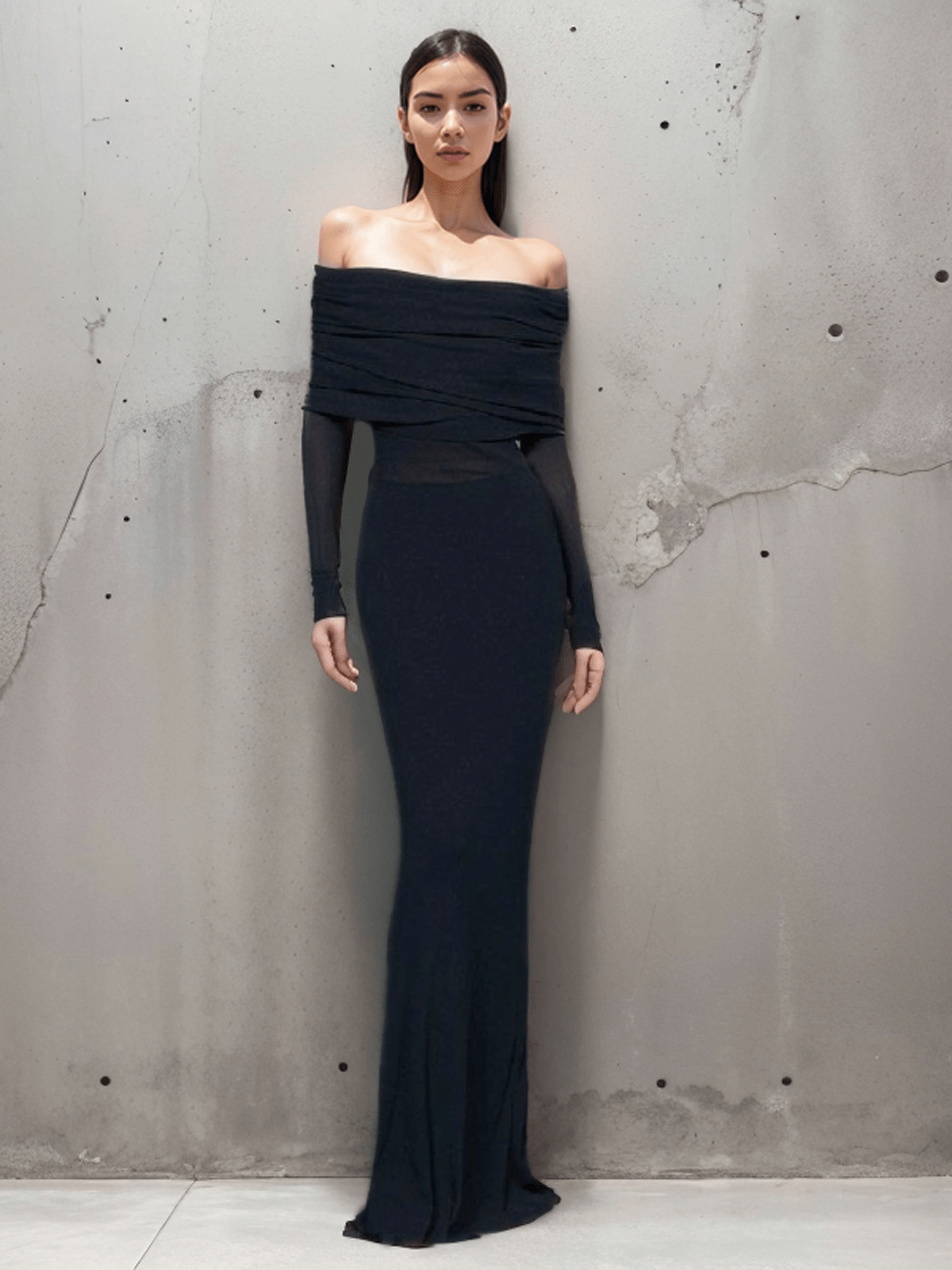 Elegantes Maxikleid Mit Schulterfreiem Überfalten Design Für Frauen