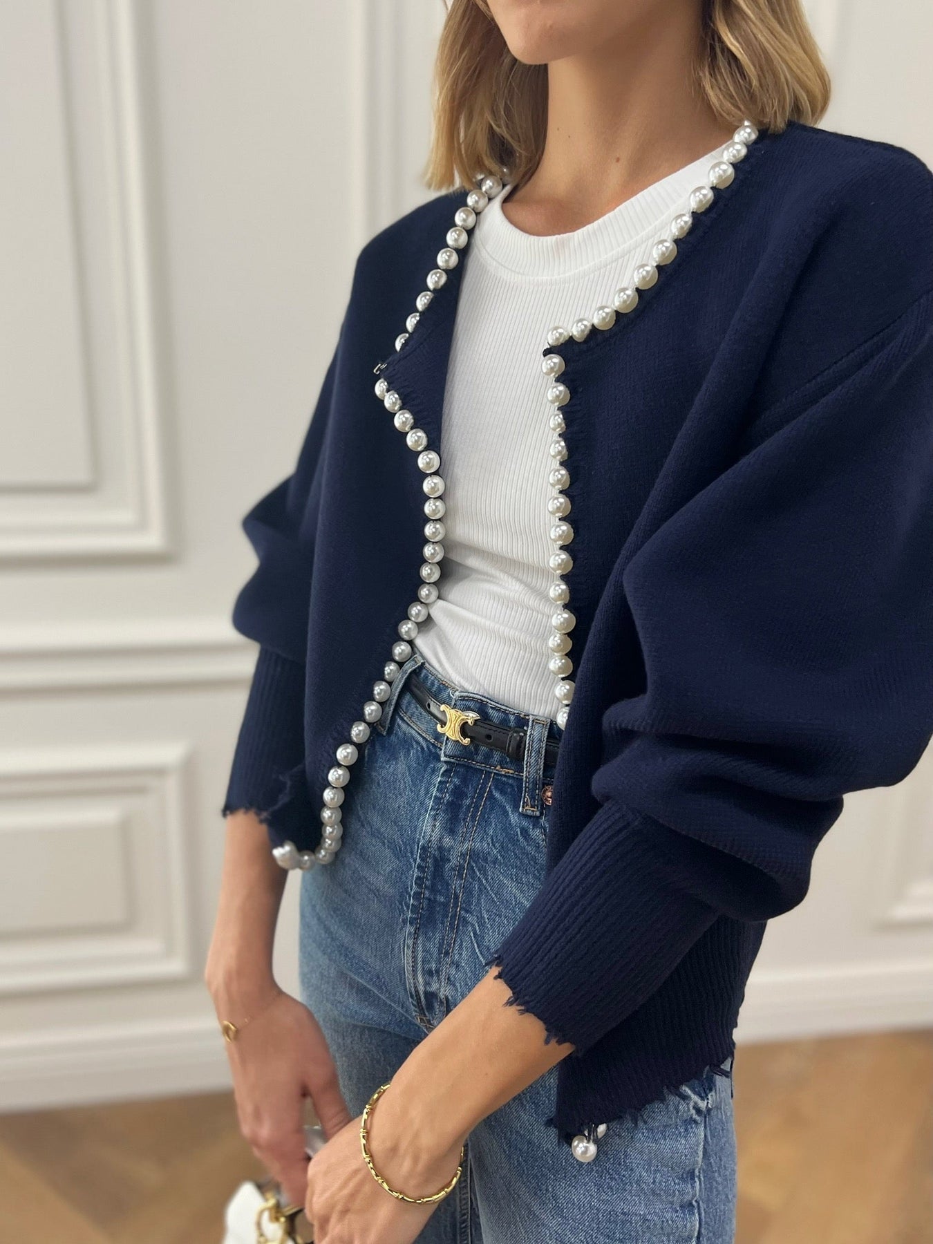 Lumen | Strickjacke mit Perlenbesatz und geripptem Saum
