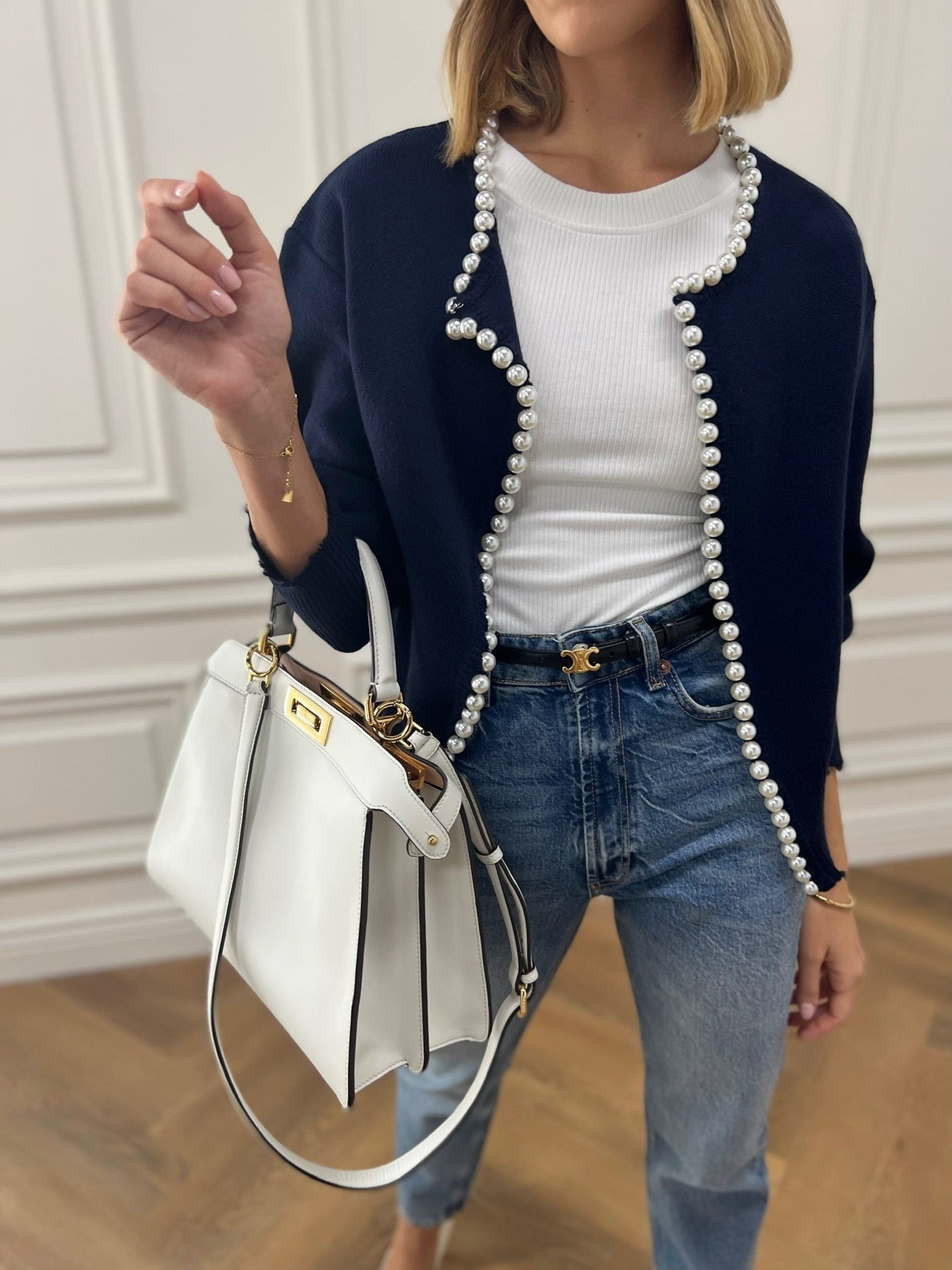 Lumen | Strickjacke mit Perlenbesatz und geripptem Saum