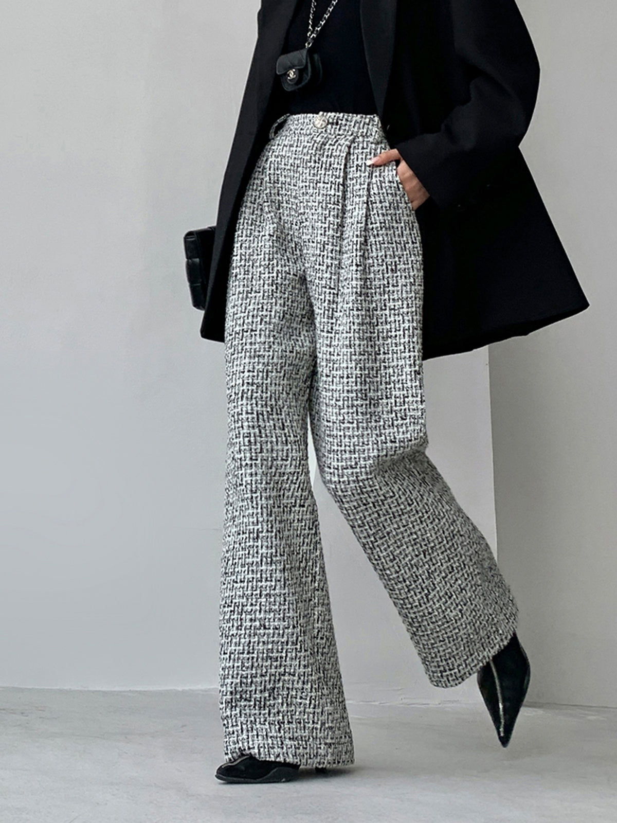 Elegante Tweed Stoffhose mit weitem Bein für Frauen