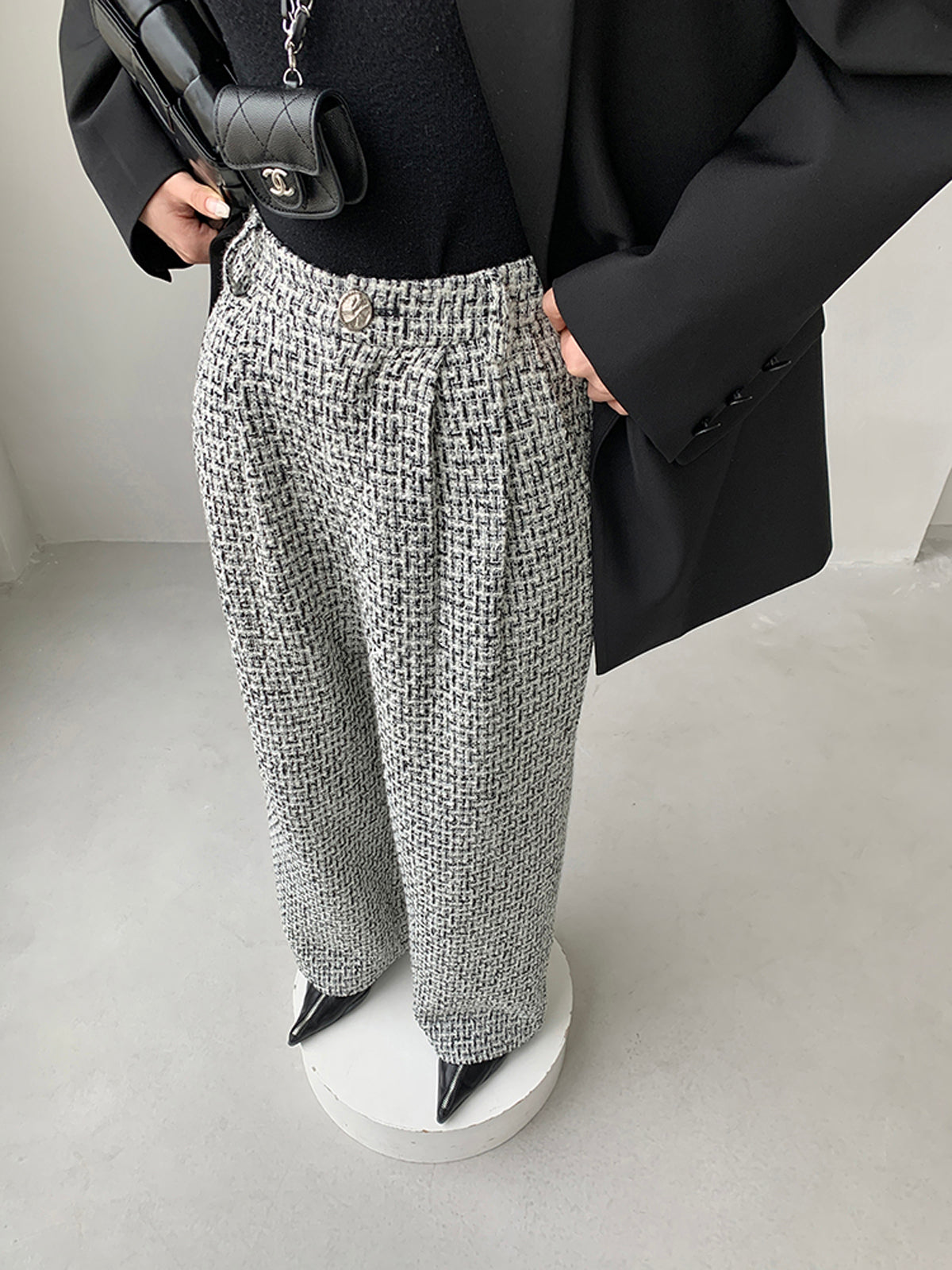 Elegante Tweed Stoffhose mit weitem Bein für Frauen