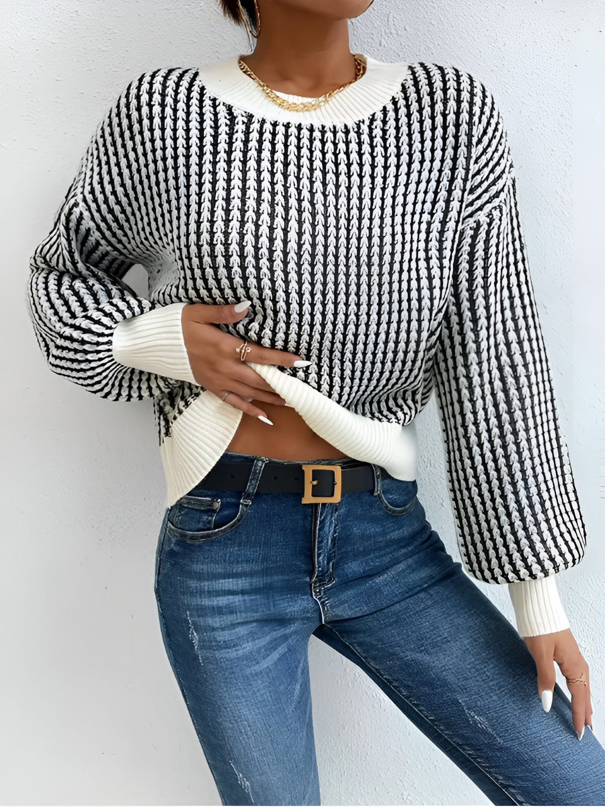 Gestrickter Pullover mit Kontrastmuster trendig und warm für Frauen