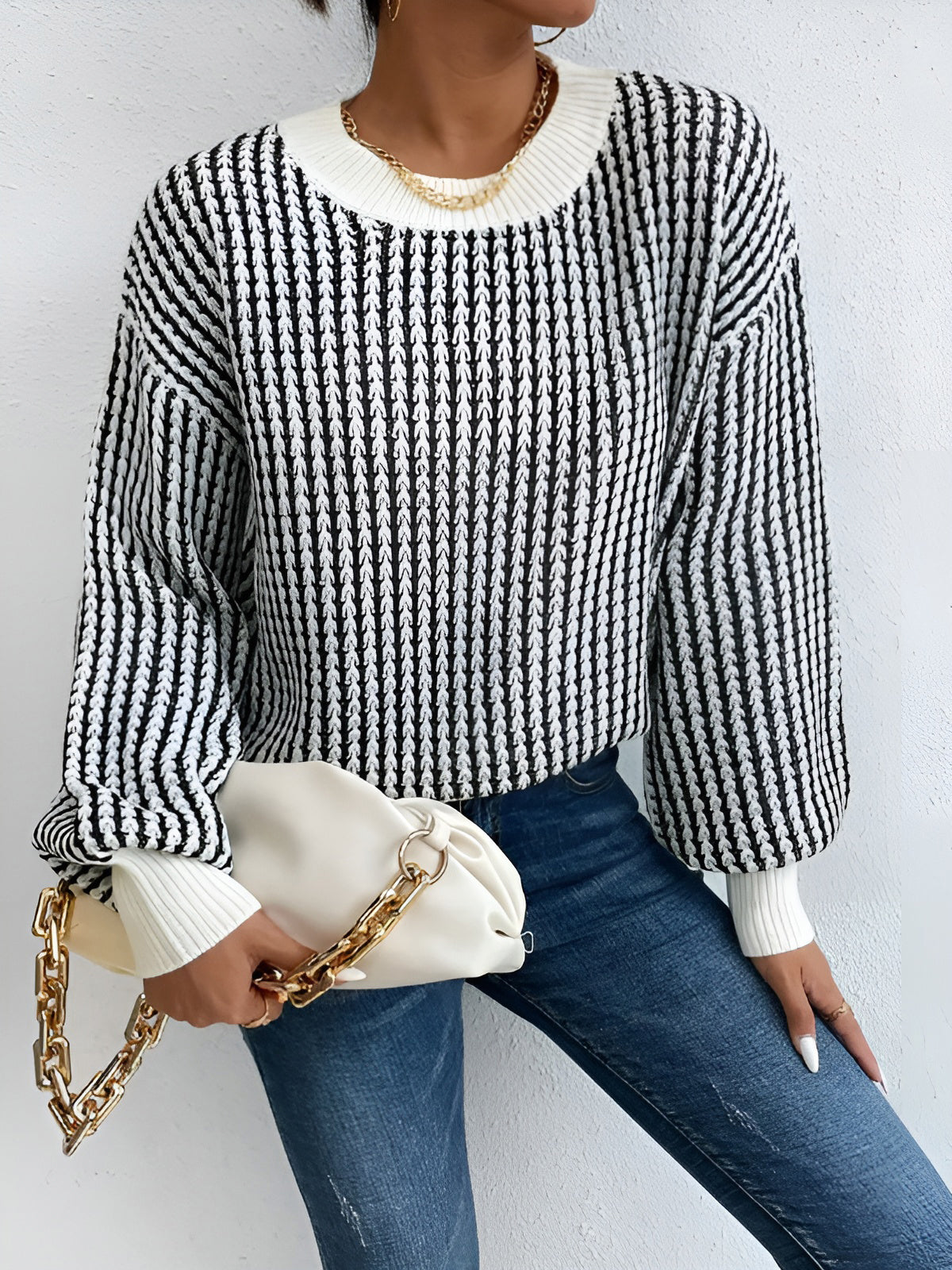 Gestrickter Pullover mit Kontrastmuster trendig und warm für Frauen