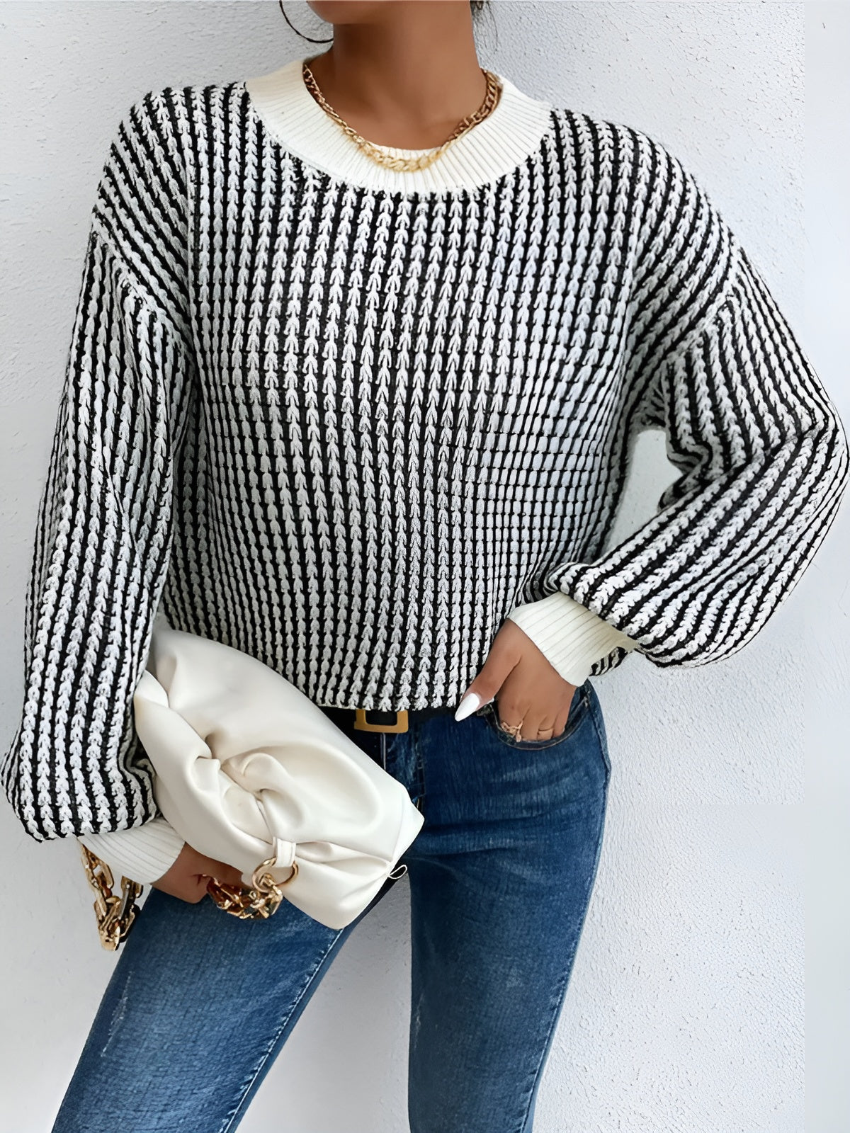 Gestrickter Pullover mit Kontrastmuster trendig und warm für Frauen