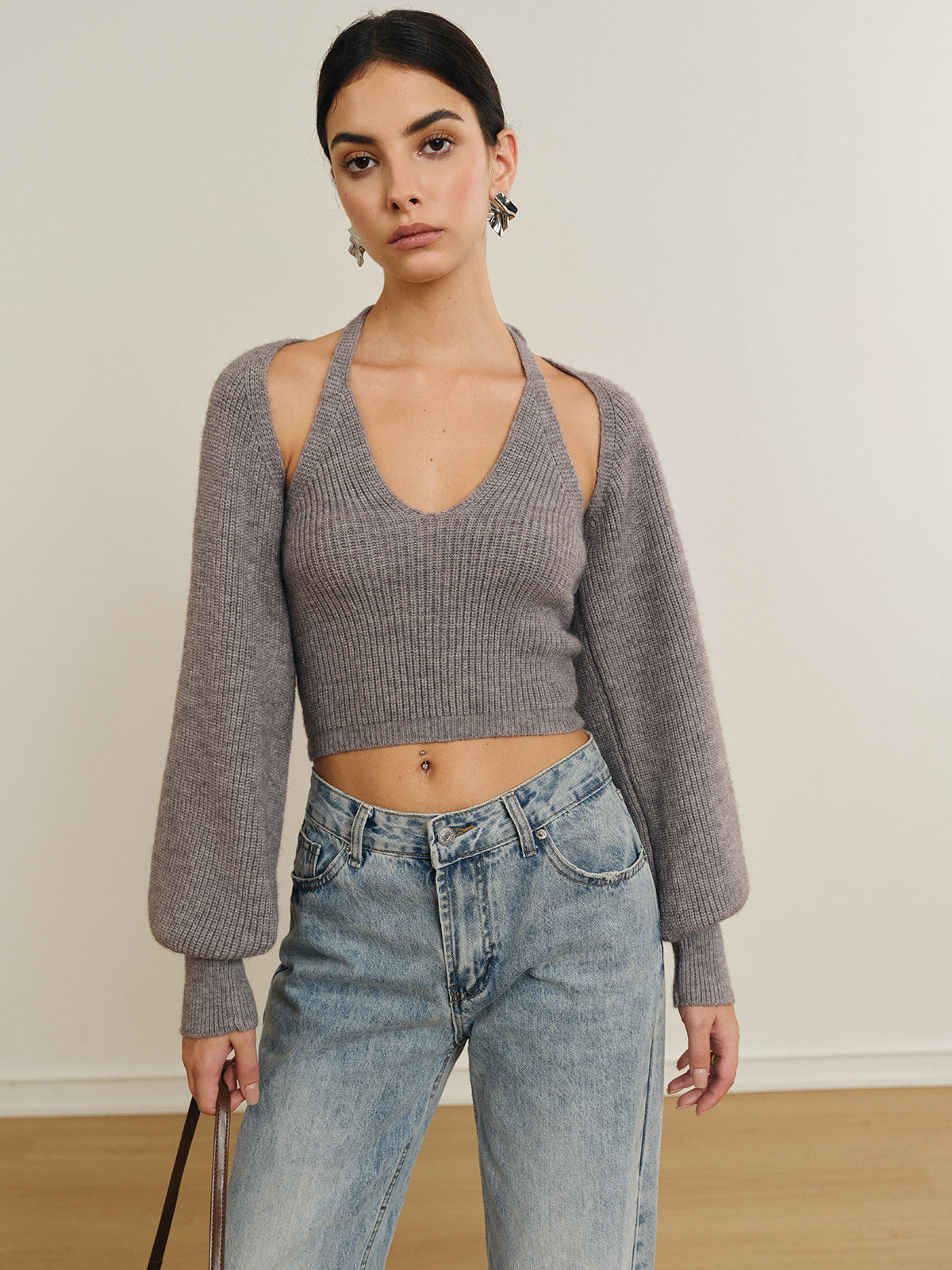 Gestricktes Neckholder Top mit abnehmbaren Ärmeln für Frauen