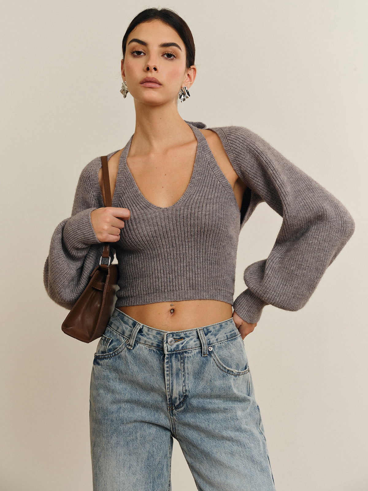 Gestricktes Neckholder Top mit abnehmbaren Ärmeln für Frauen