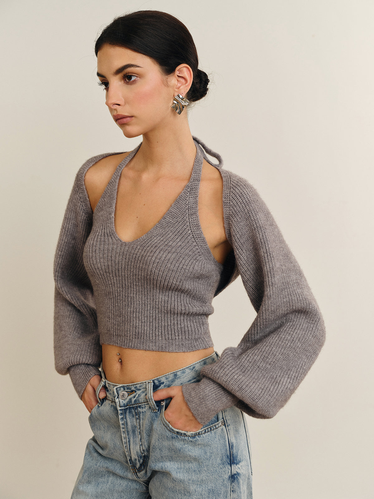 Gestricktes Neckholder Top mit abnehmbaren Ärmeln für Frauen