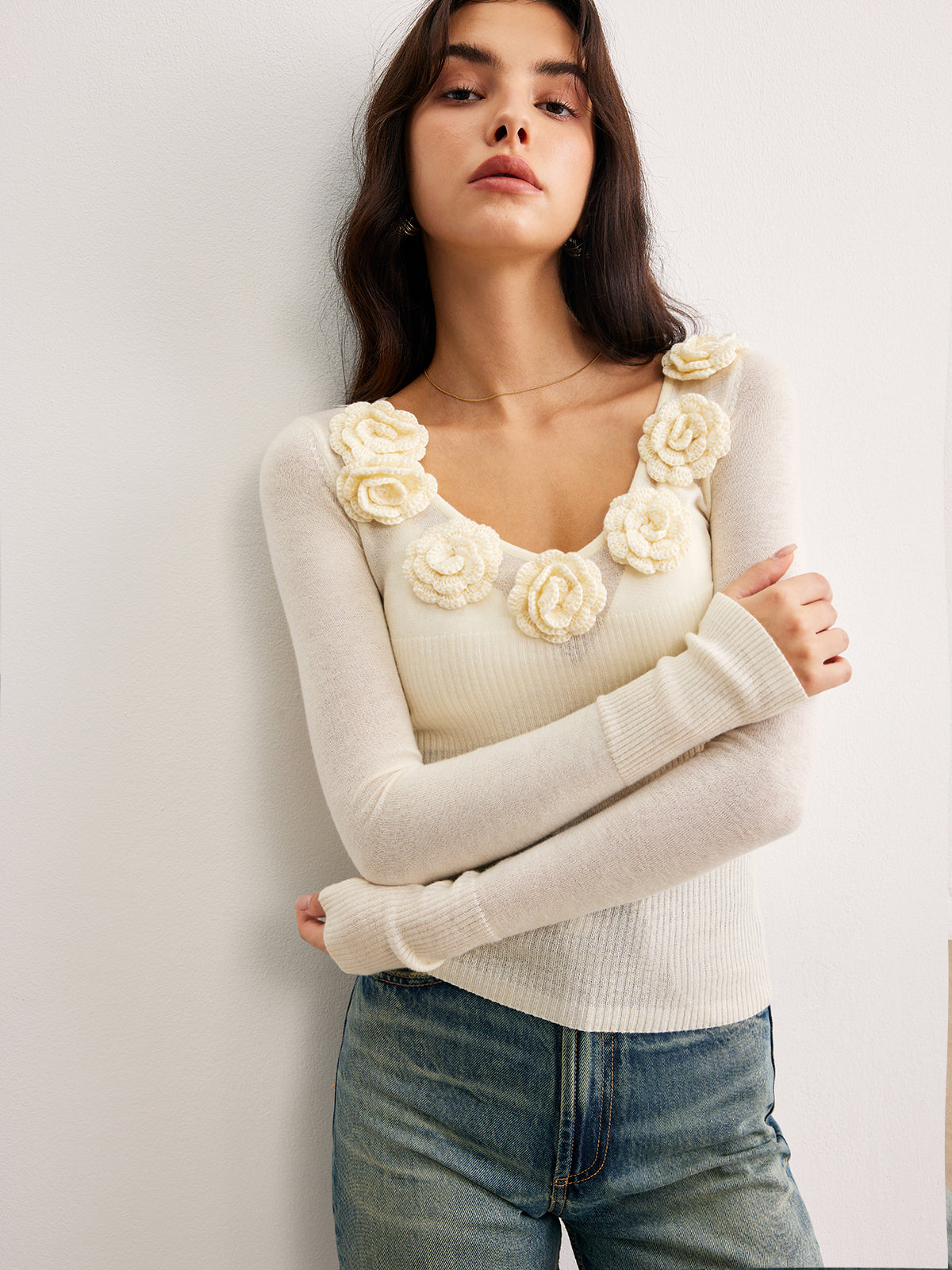 Stricktop mit 3D Blumen romantisch & elegant für Frauen