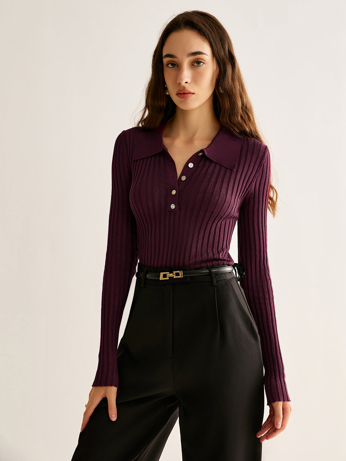 Geripptes Strick Poloshirt mit eleganter Schlichtheit für Frauen