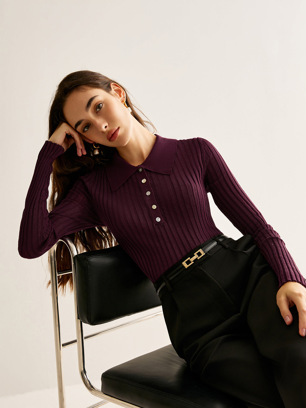 Geripptes Strick Poloshirt mit eleganter Schlichtheit für Frauen