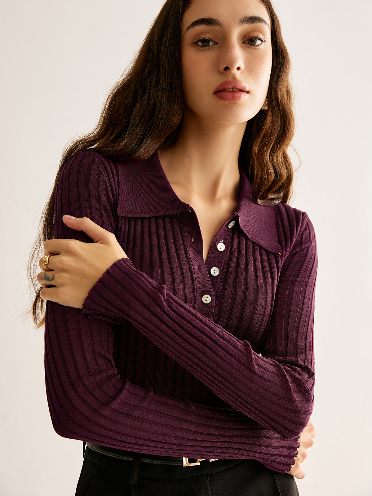 Geripptes Strick Poloshirt mit eleganter Schlichtheit für Frauen