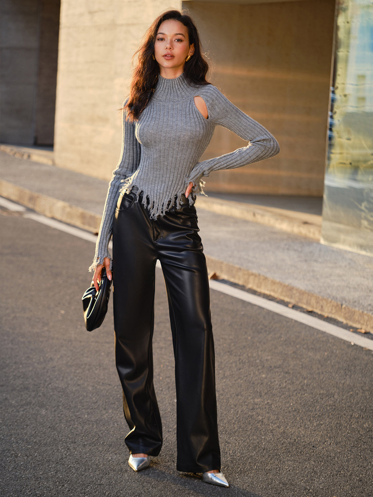 Rollkragenpullover mit Cut Out und Fransen für Damen