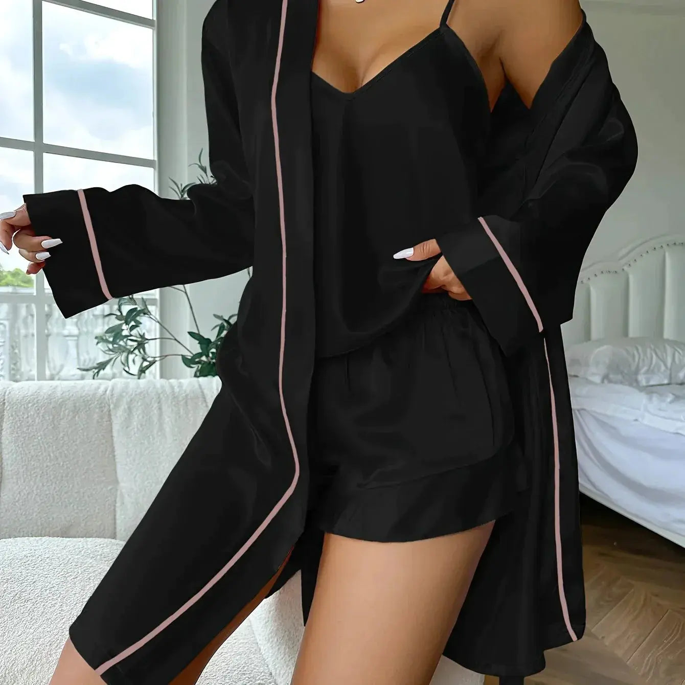 Luxuriöses Satin 3-Teiliges Loungewear-Set mit Spitze Für Frauen