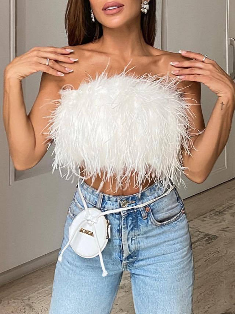 Luxuriöses Woll Bandeau Top mit Federschmuck für Damen