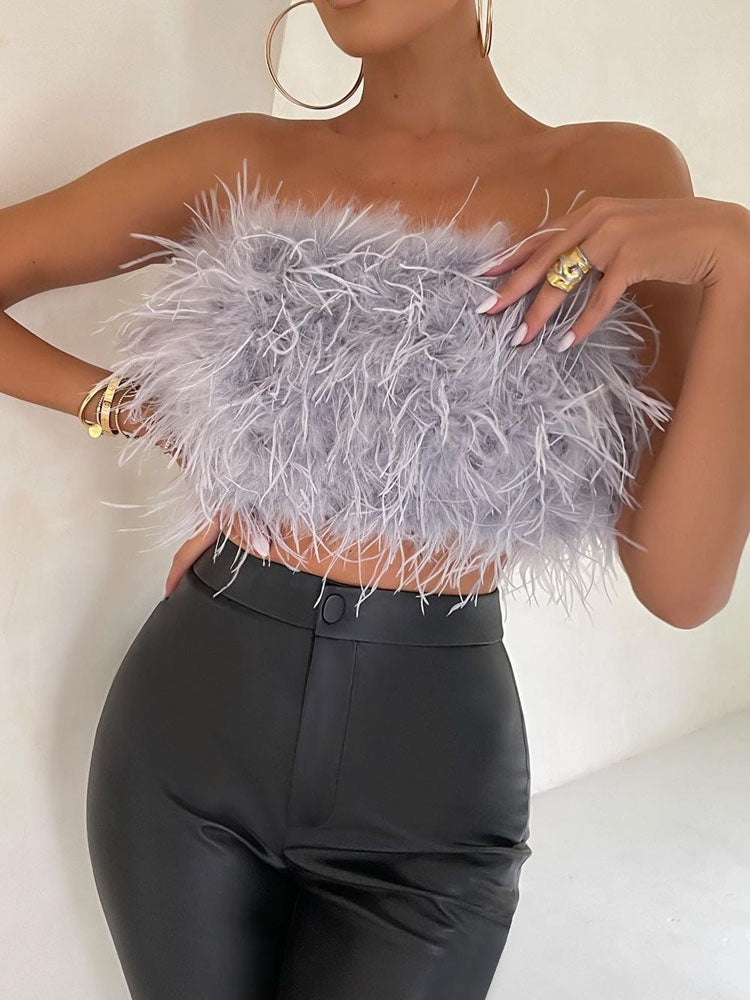 Luxuriöses Woll Bandeau Top mit Federschmuck für Damen