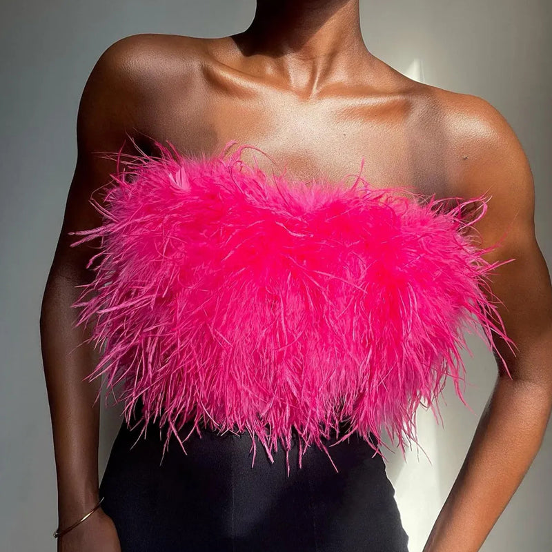 Luxuriöses Woll Bandeau Top mit Federschmuck für Damen