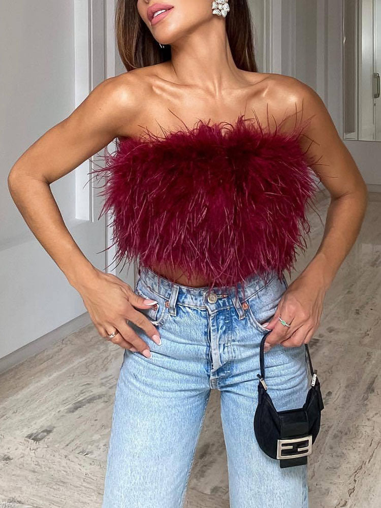 Luxuriöses Woll Bandeau Top mit Federschmuck für Damen
