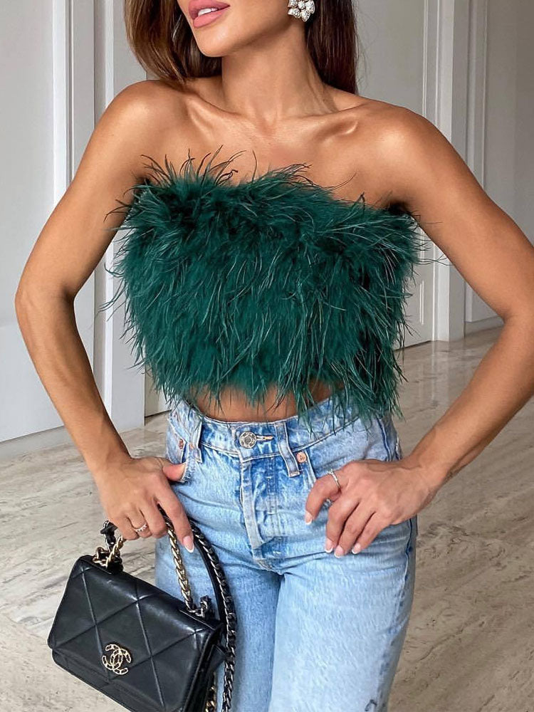 Luxuriöses Woll Bandeau Top mit Federschmuck für Damen