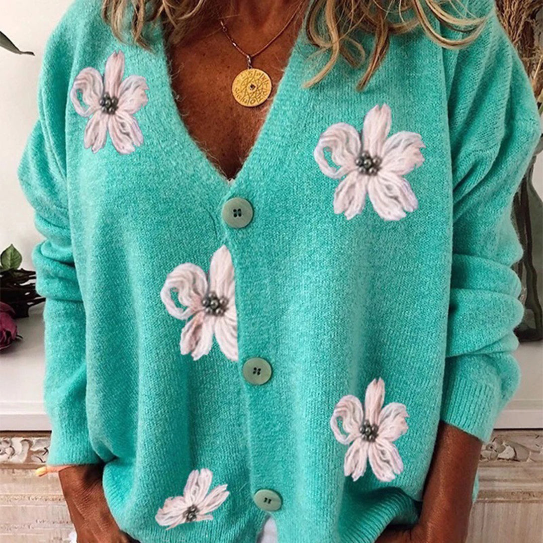 Blumen-V-Ausschnitt-Strickjacke mit lockerer Passform Für Frauen