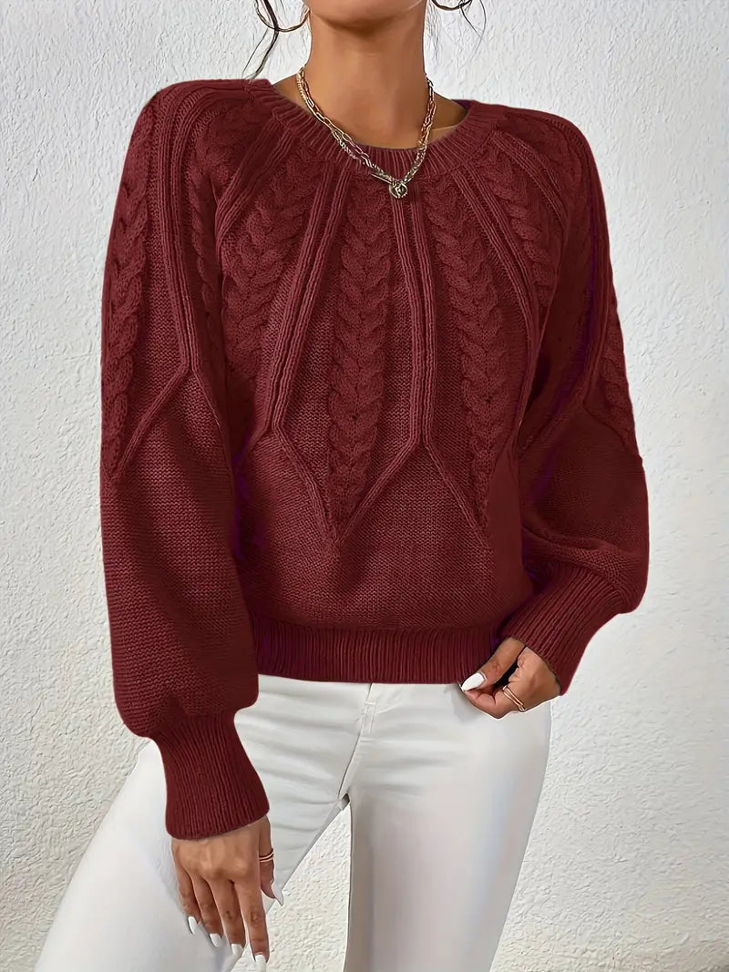 Strickpullover Mit Zopfmuster Und Rundhalsausschnitt Für Frauen