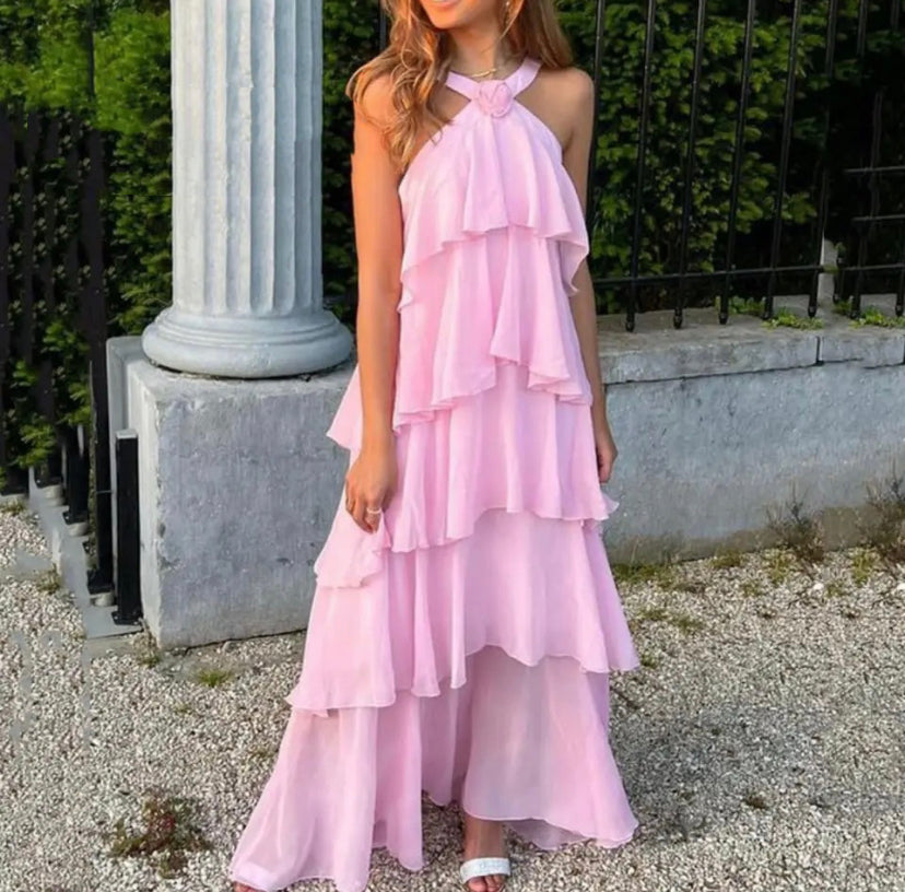 Maxikleid Mit Halterneck Und Geschichteten Rüschen Für Frauen