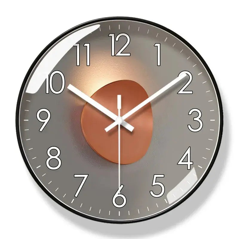 Designer-Wanduhr mit geräuschlosem Uhrwerk displaying copper center accent on grey face