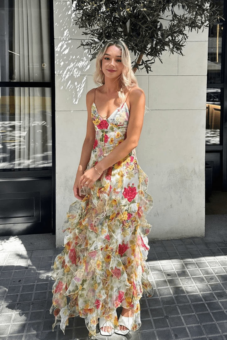 Maxikleid Aus Chiffon Mit Rosenmuster Für Frauen