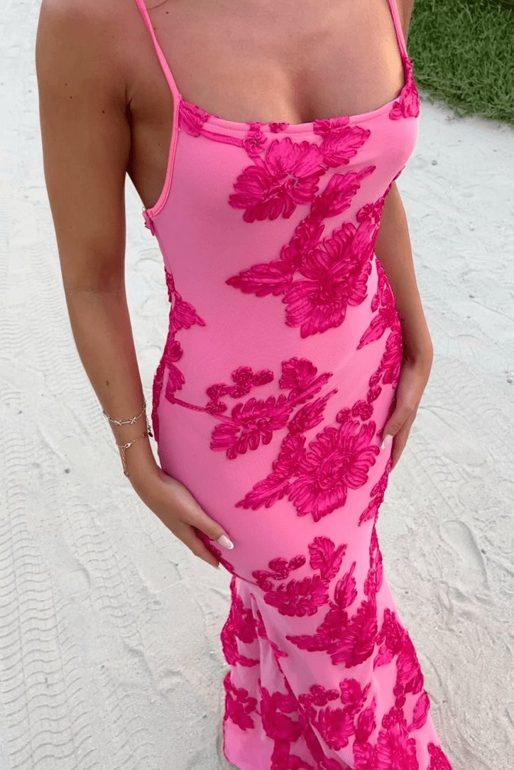 Pinkes Blumenkleid mit Knotenträgern und eleganter Passform Für Frauen