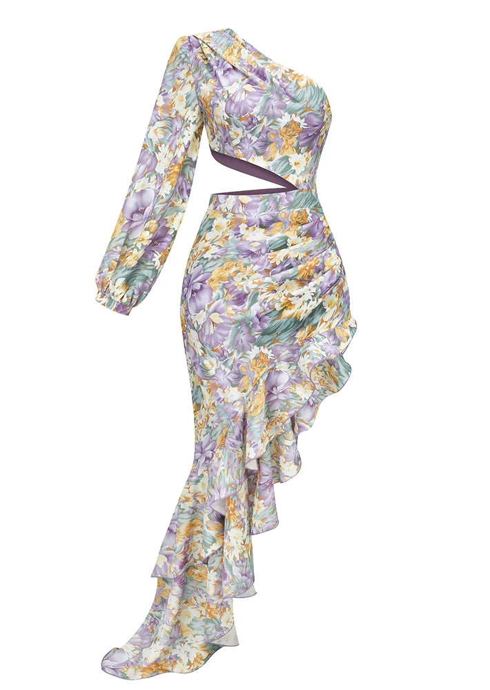 Raffiniertes Florales Kleid Mit Einem Ärmel Für Frauen