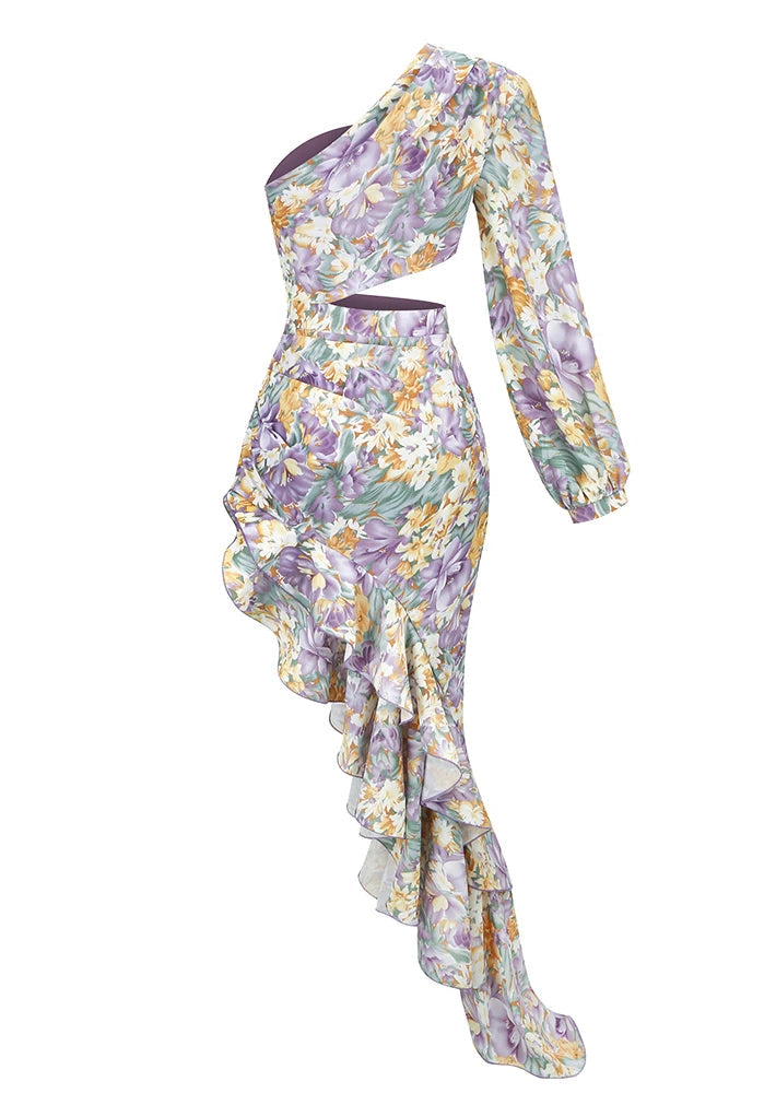 Raffiniertes Florales Kleid Mit Einem Ärmel Für Frauen