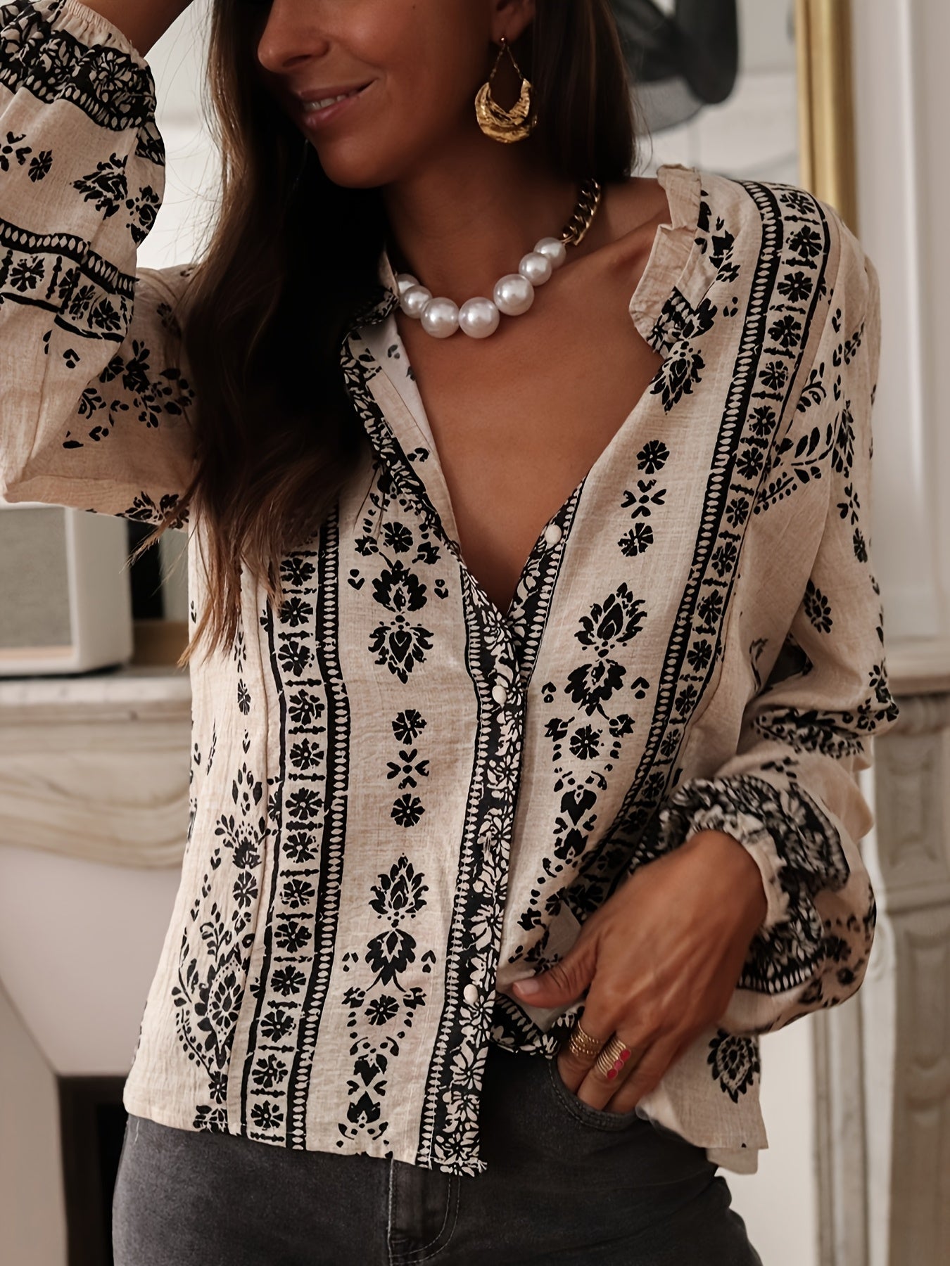 Weite Bluse mit Blumenmuster und Laternenärmeln für Frauen
