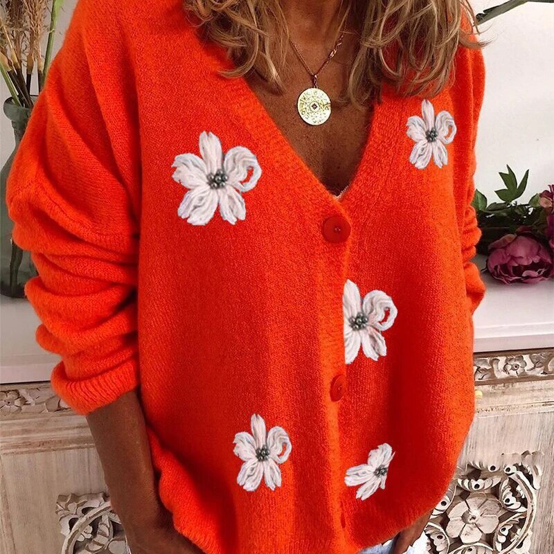 Blumen-V-Ausschnitt-Strickjacke mit lockerer Passform Für Frauen