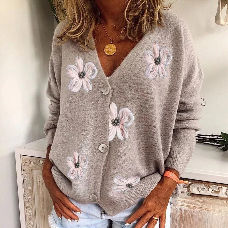 Blumen-V-Ausschnitt-Strickjacke mit lockerer Passform Für Frauen