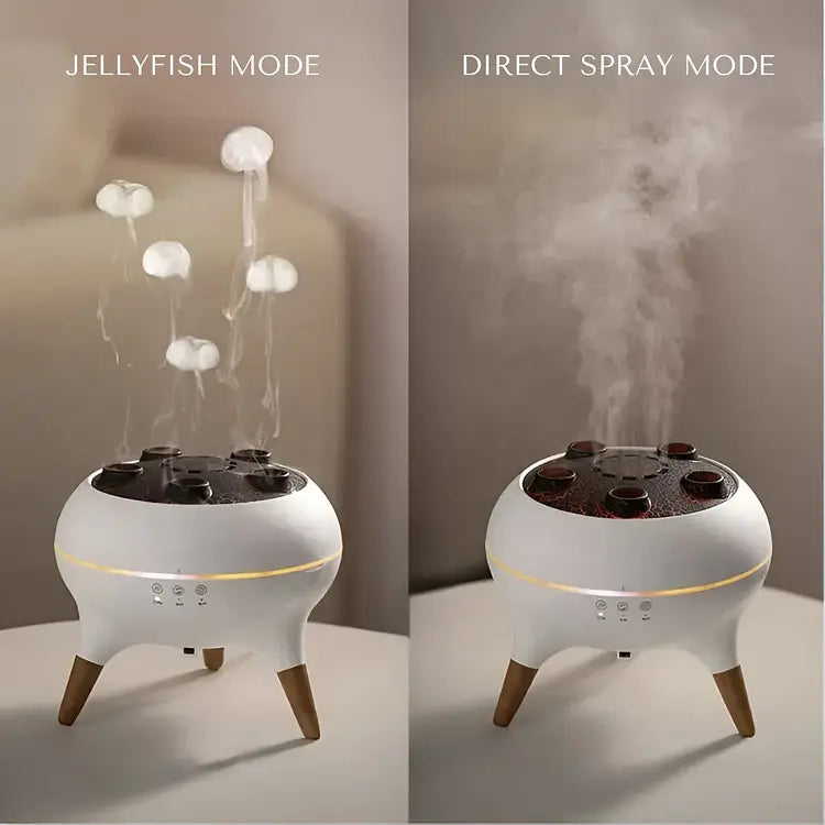 LED luftbefeuchter showing jellyfish mode versus direct spray mode comparison