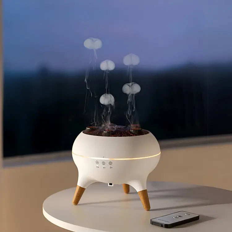 Aroma diffuser LED luftbefeuchter with jellyfish vapor effect on table