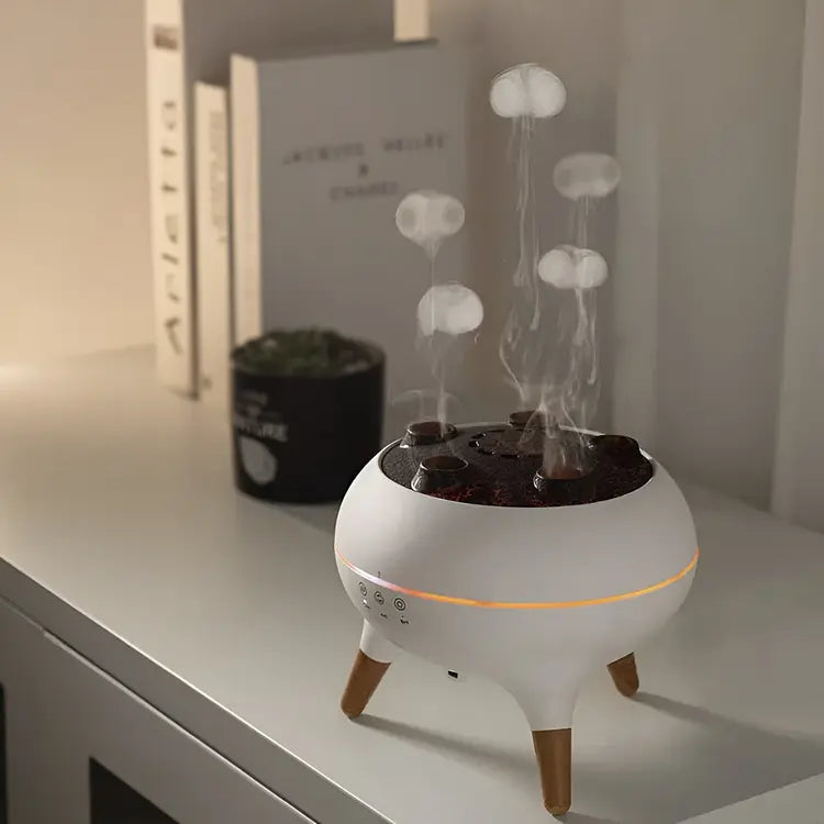 White LED aroma diffuser with jellyfish effect creating floating vapor tentacles