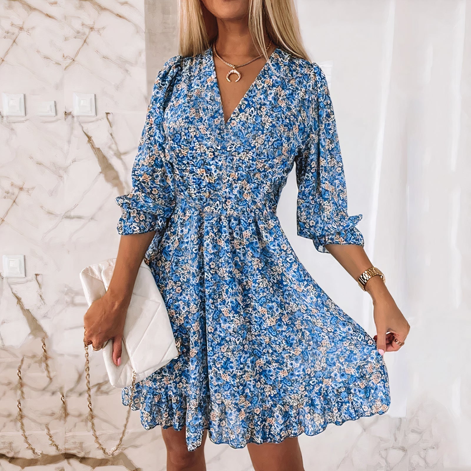 Modisches Blumenkleid mit elastischer Taille für Frauen