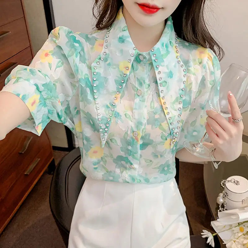 Bluse mit Puffärmeln und Diamantakzenten für Frauen
