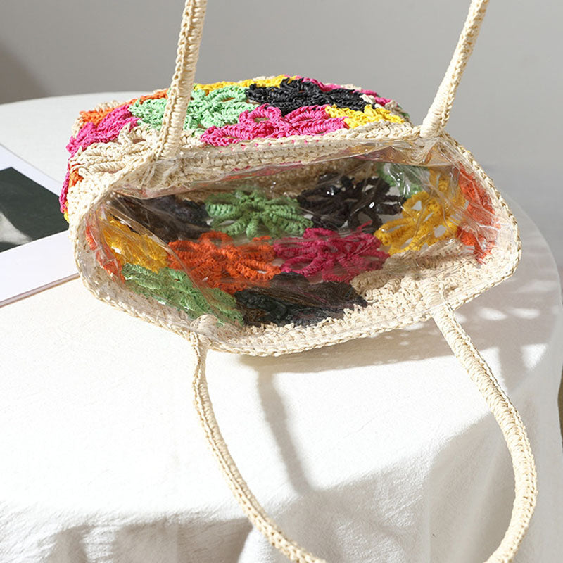 Schultertasche aus Stroh mit Blumenverzierung für Frauen