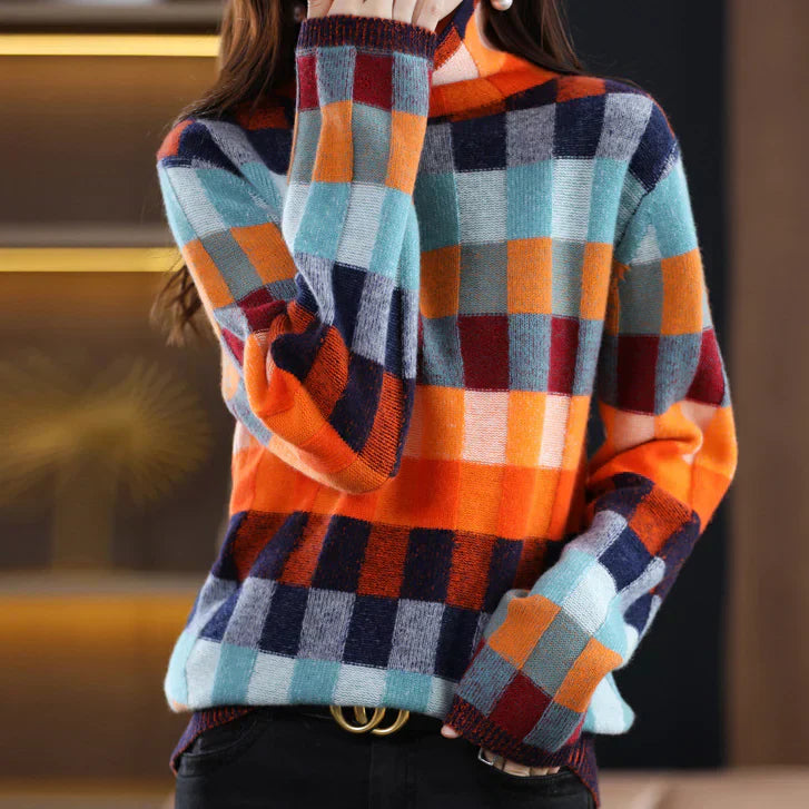 Bunter Patchwork-Rollkragenpullover Für Schicken Herbststil Für Frauen