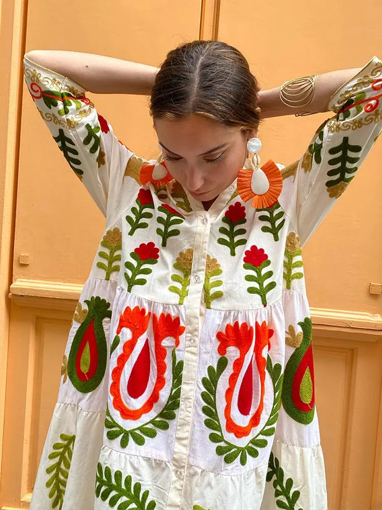Besticktes Maxikleid im Boho Chic mit weicher Baumwollmischung für Frauen
