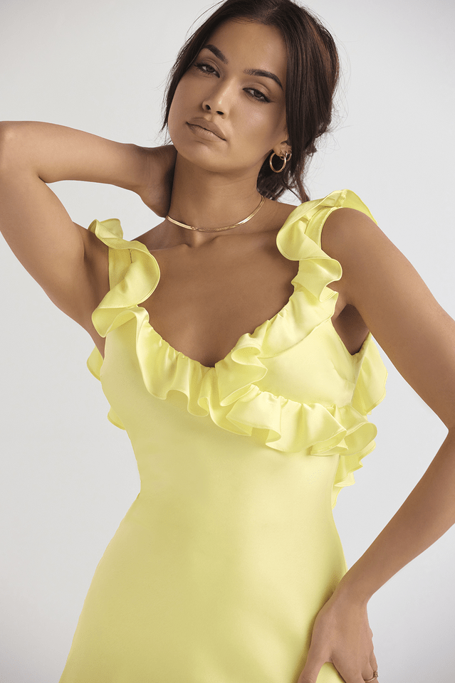 Gelbes Mini Kleid aus Seidensatin mit Rüschen für Frauen