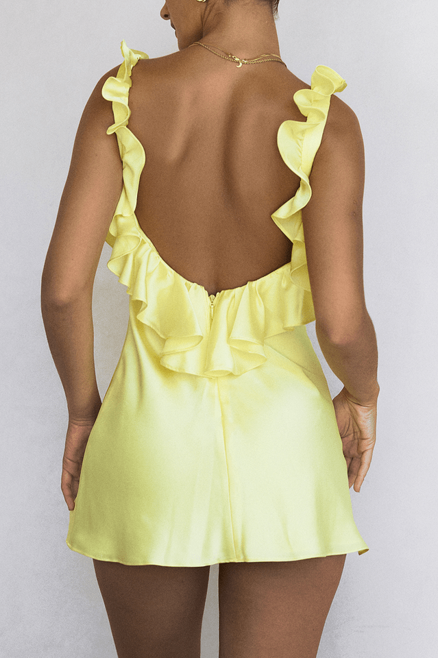 Gelbes Mini Kleid aus Seidensatin mit Rüschen für Frauen