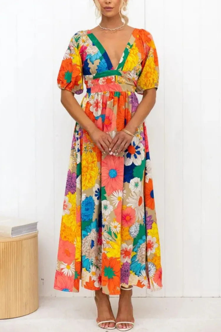 Blumenkleid mit Puffärmeln und schickem Design für Damen