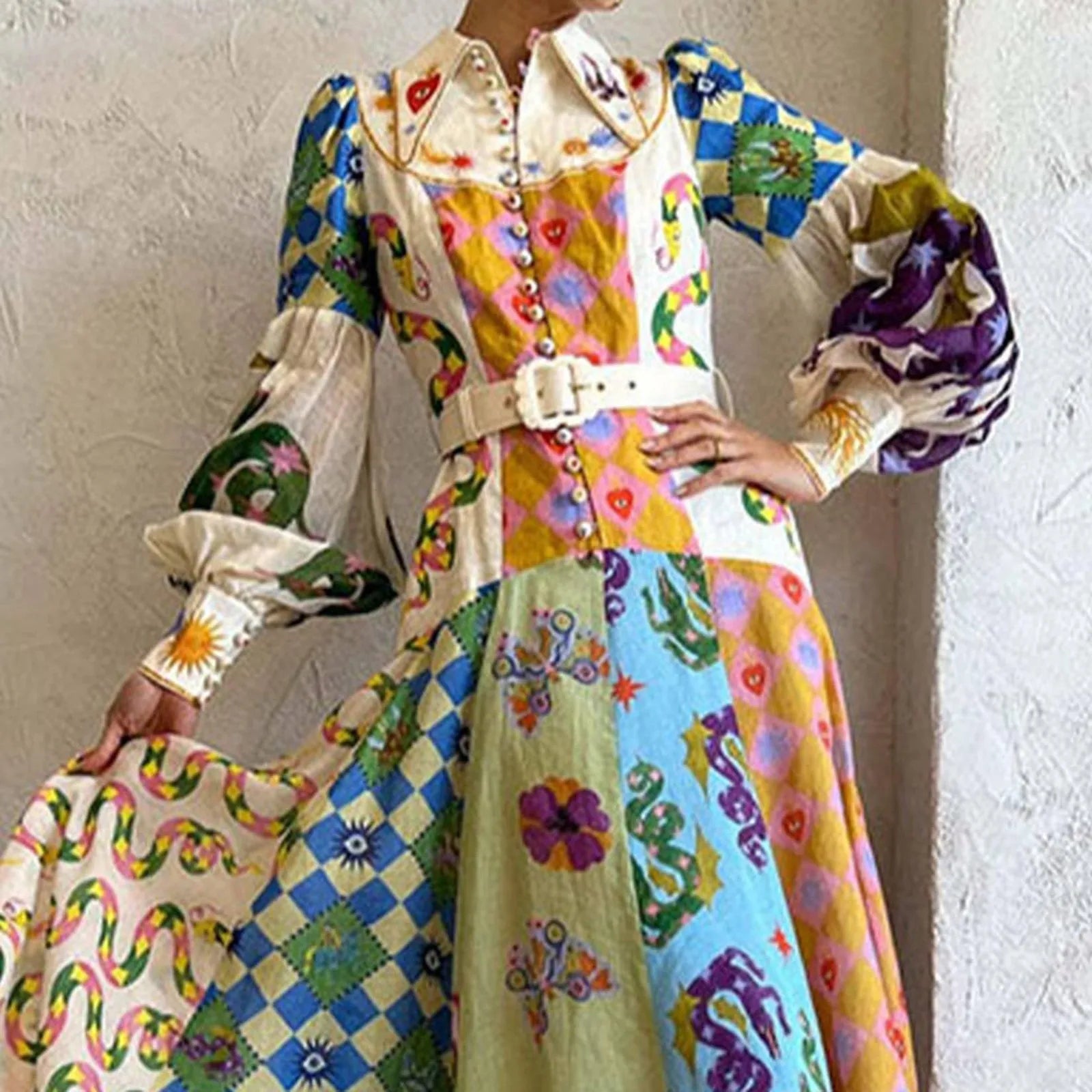 Giselle | Bohème Maxikleid in A-Linie mit Knopfverschluss