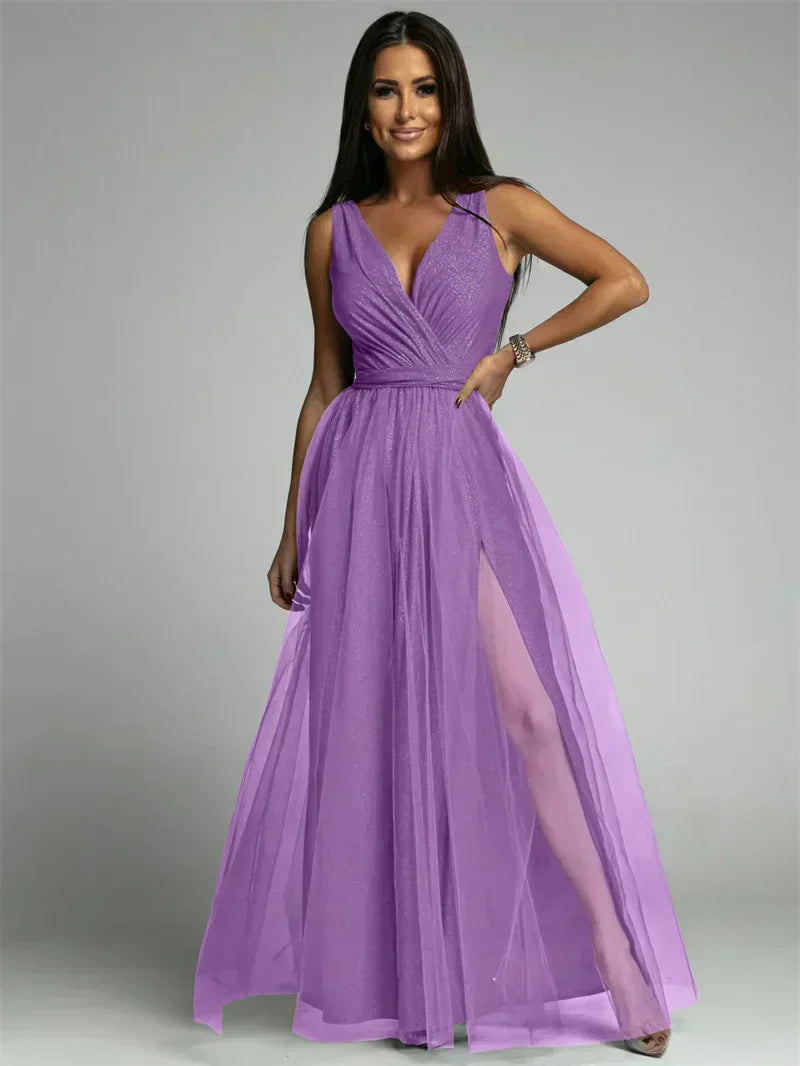 Elegantes Abendkleid mit Mesh Details und Hohem Schlitz für Frauen