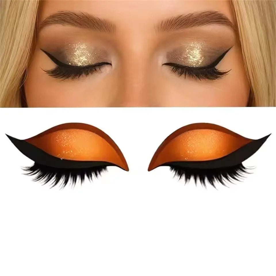 Orange shimmer Augen make-up sticker wiederverwendbar displayed on blonde woman's closed eyes