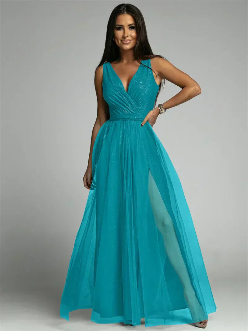 Elegantes Abendkleid mit Mesh Details und Hohem Schlitz für Frauen